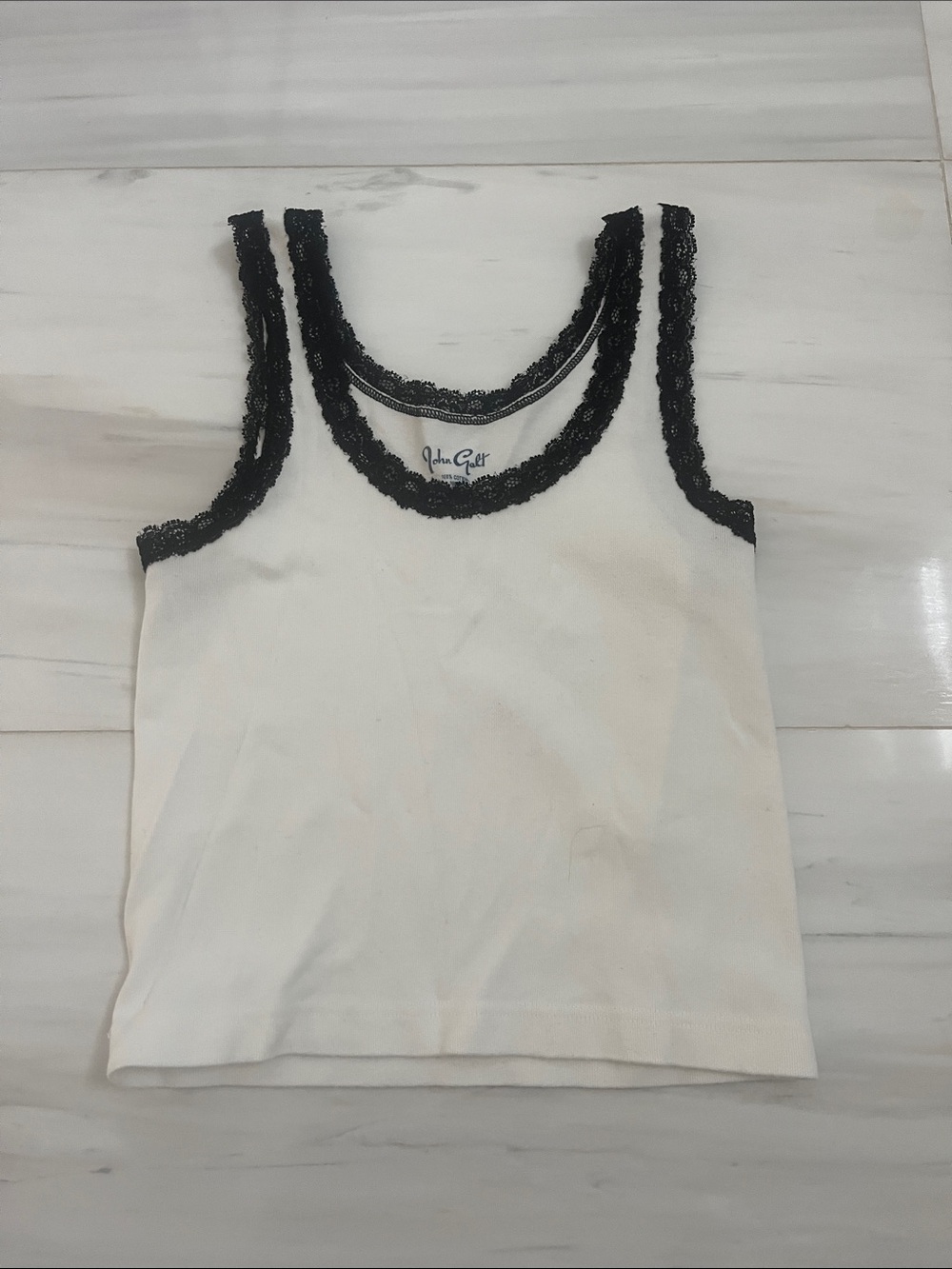 Brandy Melville White with Black Lace-Trim Tank Top
